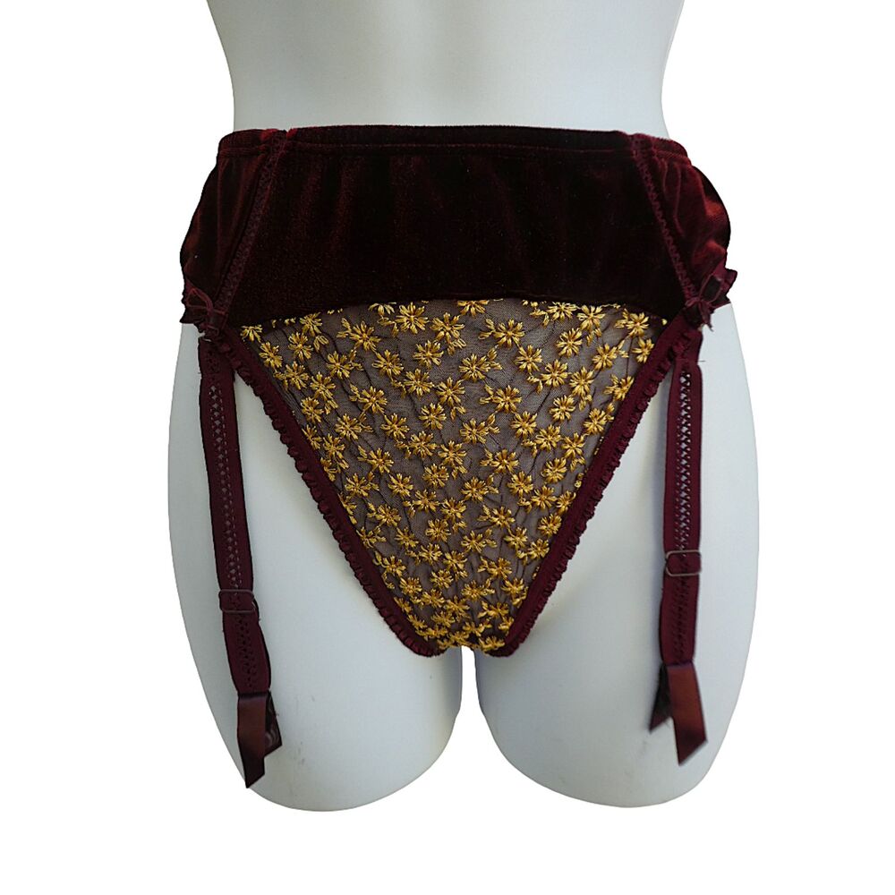 NEW Vintage Victoria's Secret Burgundy Velvet and Gold Embroidered Garter Panty
